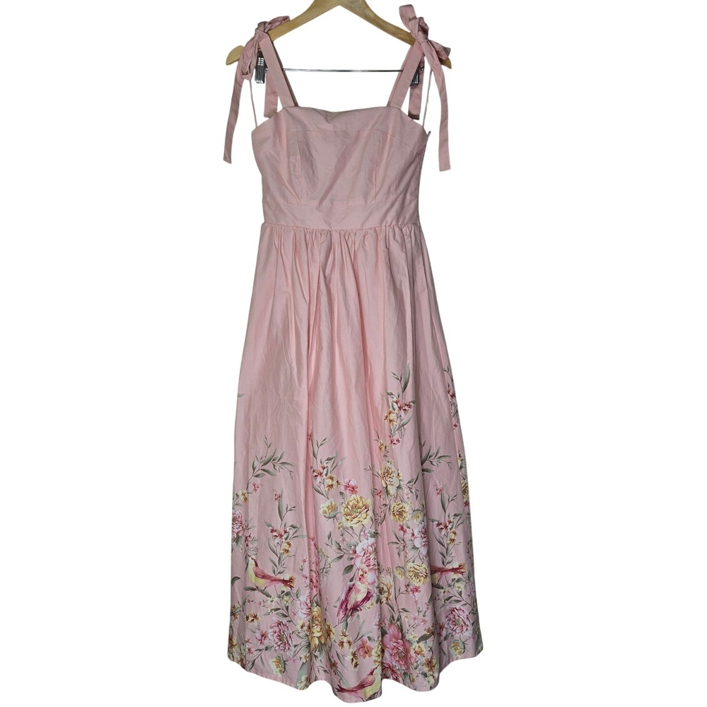 Joie Pink Floral Bird Print Tie Shoulder Smocked Midi Dress Small NEW